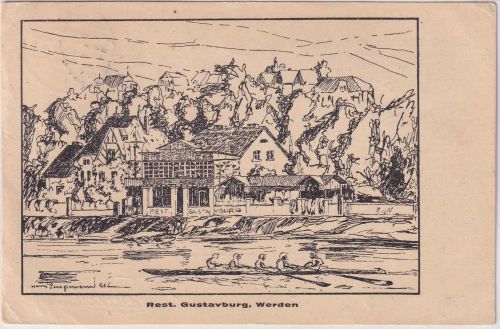 NRW - Werden a.d. Ruhr Restaurant Gustavburg sw-Künstler-AK gelaufen 1922