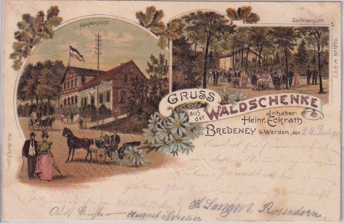 NRW - Bredeney b. Werden Waldschänke farb. Mehrbildlitho gelaufen 1898