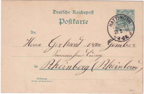 DR - Hattingen (Ruhr) 21.5.91 KOS 5 Pfg. Ganzsache K/A n. Rheinberg
