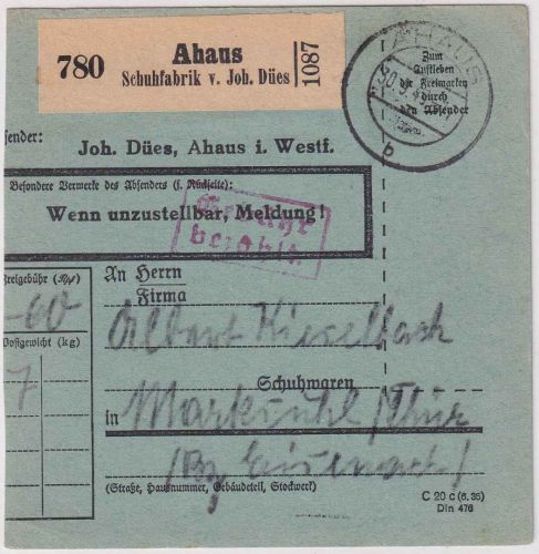 DR - Ahaus 1943 roter Ra2 Gebühr bezahlt Paketkarte/Selbstbucher n. Marksuhl