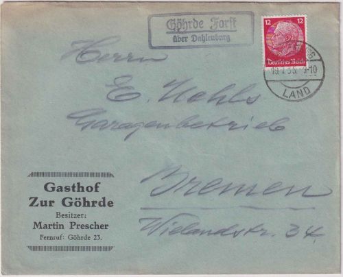 DR - Göhrde Forst ü. Dahlenburg Landpost-Ra2 Brief n. Bremen 1935