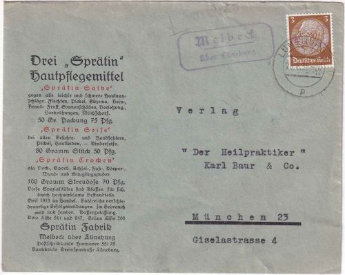 DR - Melbeck ü. Lüneburg Landpost-Ra2 Drucksachenbrief n. München 1936