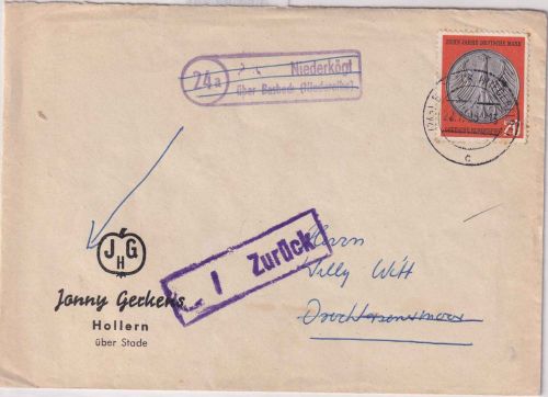 BRD - (24a) Niederkögt ü. Basbeck Landpost-Ra2 Brief n. Drochtersermoor 1958