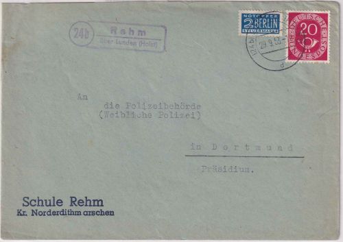 BRD - (24b) Rehm ü. Lunden Landpost-Ra2 Brief n. Dortmund 1953