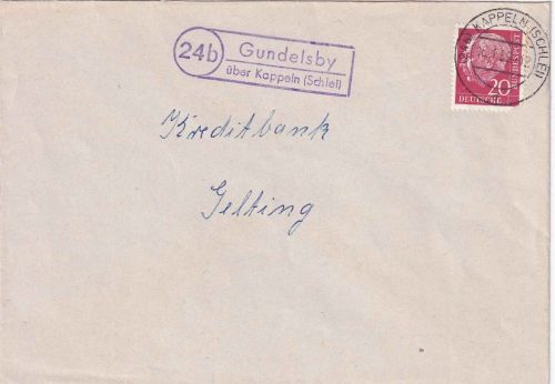 BRD - (24b) Gundelsby ü. Kappeln (Schlei) Landpost-Ra2 Brief n Gelting 1959