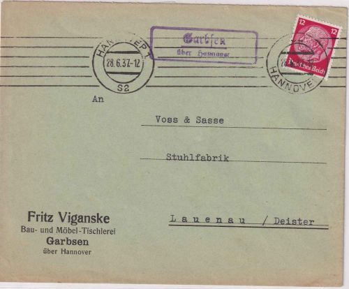 DR - Garbsen ü. Hannover Landpost-Ra2 Brief n. Lauenau 1937