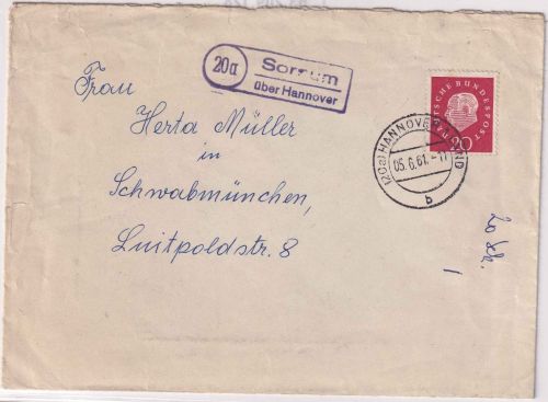 BRD - (20a) Sorsum ü. Hannover Landpost-Ra2 Brief n. Schwabmünchen 1961