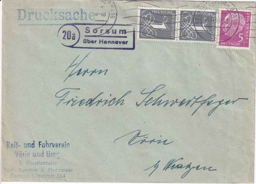 BRD - (20a) Sorsum ü. Hannover Landpost-Ra2 Drucksache n. Vörie b. Weetzen 1956