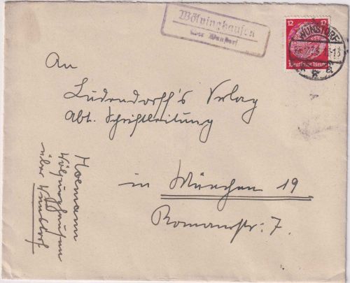 DR - Wölvinghausen ü. Wunstorf Landpost-Ra2 Brief n. München 1936