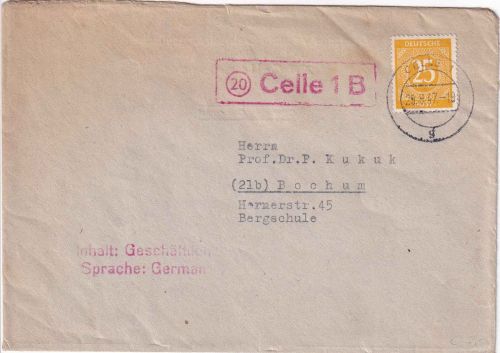 All.Bes. - (20) Celle 1 B Stadtpoststelle-Ra1 Brief n. Bochum 1947 - selten !