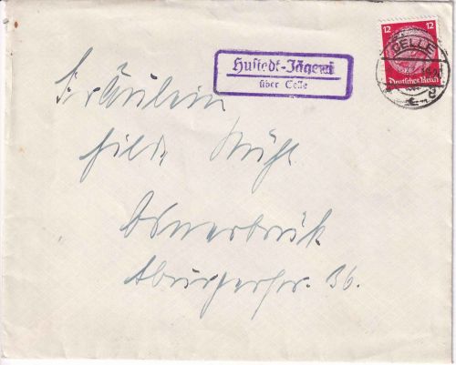 DR - Hustedt-Jägerei ü. Celle Landpost-Ra2 Brief n. Osnabrück 1934