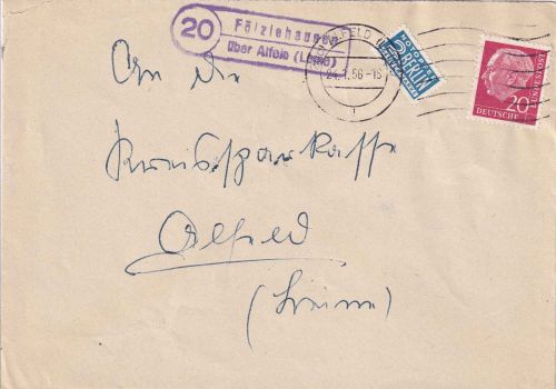 BRD - (20) Fölziehausen ü. Alfeld Landpost-Ra2 Brief n. Alfeld 1956