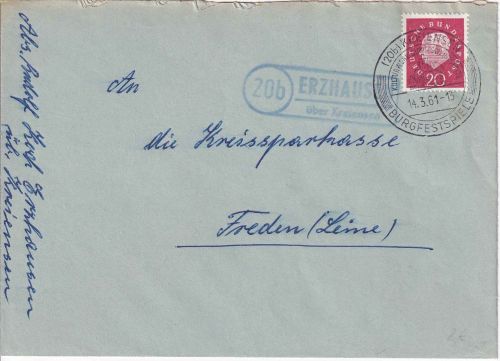 BRD - (20b) Erzhausen ü. Kreiensen Landpost-Ra2 Brief n. Freden 1961