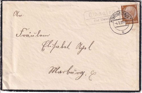 DR - Odagsen ü. Kreiensen Landpost-Ra2 Trauerdrucksache n. Marburg 1937