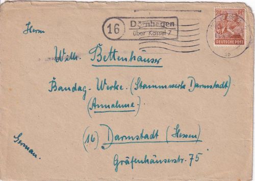 All.Bes. - (16) Dörnhagen ü. Kassel 7 Landpost-Ra2 Brief n. Darmstadt 1948