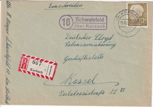 BRD - (16) Schwalefeld ü. Korbach Landpost-Ra2 Einschreibebrief n. Kassel 1956