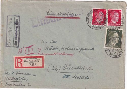 DR - Berghofen ü. Frankenberg Landpost-Ra2 Einschreibebrief n. Düsseldorf 1944