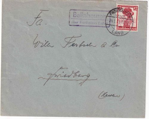 DR - Bellnhausen ü. Fronhausen (Lahn) Landpost-Ra2 Brief n. Friedberg 1936