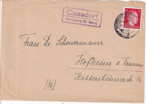 DR - Cassdorf ü. Homberg (Bz. Kassel) Landpost-Ra2 Brief n. Hofheim 1944