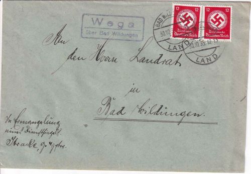 DR - Wega ü. Bad Wildungen Landpost-Ra2 Dienstbrief n. Bad Wildungen 1935