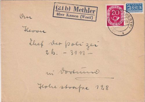 BRD - (21b) Methler ü. kamen (Westf.) Landpost-Ra2 Brief n. Dortmund 1953