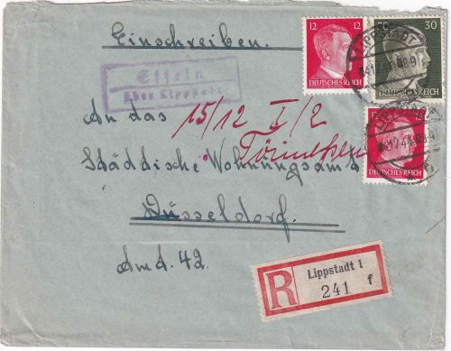 DR - Effeln ü. Lippstadt Landpost-Ra2 Einschreibebrief n. Düsseldorf 1944