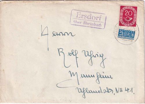 BRD - Ersdorf ü. Rheinbach Landpost-Ra2 Brief n. Mannheim 1952
