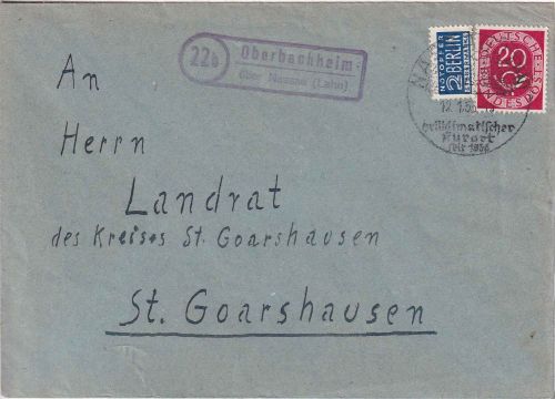 BRD - (22b) Oberbachheim ü. Nassau (Lahn) Landpost-Ra2 Brief 1953