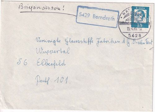 BRD - 5429 Berndroth Landpost-Ra1 Briefdrucksache Nastätten - Elberfeld 1963