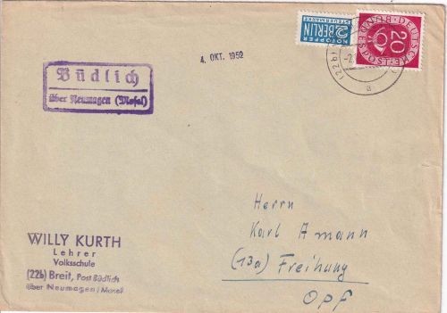 BRD - Büdlich ü. Neumagen (Mosel) Landpost-Ra2 Brief n. Freihung 1952