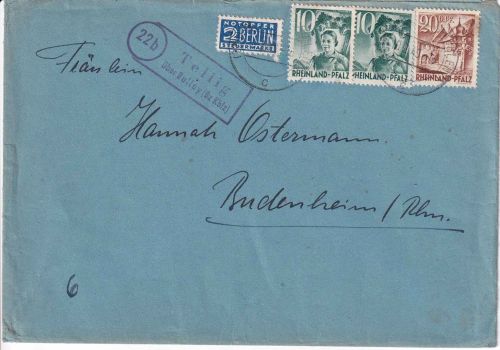 FZ/Rheinland - (22b) Tellig ü. Bulley (Bz. Kblz.) Landpost-Ra2 Brief 1949