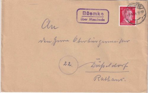 DR - Büemke ü. Meschede Landpost-Ra2 Brief n. Düsseldorf 1944