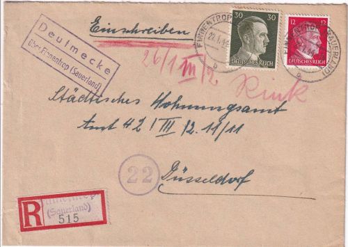 DR - Deutmecke ü. Finnentrop Landpost-Ra2 Einschreibebrief n. Düsseldorf 1944