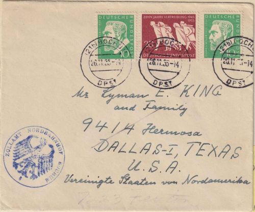 BRD - Bochum DPST (Devisenpoststelle) Tagesstempel Brief n. USA (Dallas) 1955