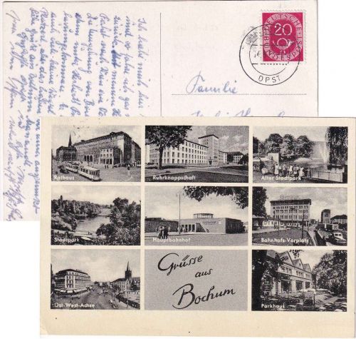 BRD - Bochum DPST (Devisenpoststelle) Tagesstempel Karte n. ÖSTERREICH 1953