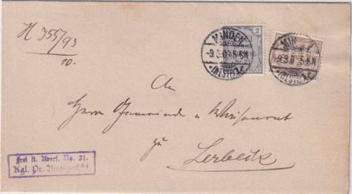 DR - 2+3 Pfg. Zähldienstmarken "21" Brief/Nachbarortsverkehr Minden Lerbeck 1903