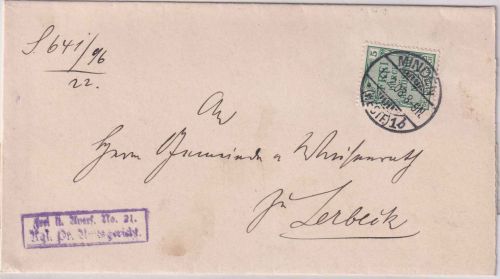DR - 5 Pfg. Zähldienstmarken "21" Brief/Nachbarortsverkehr Minden Lerbeck 1903