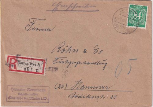 All.Bes. - Eickhorst ü. Minden Poststelle I Einschreibebrief n. Hannover 1947