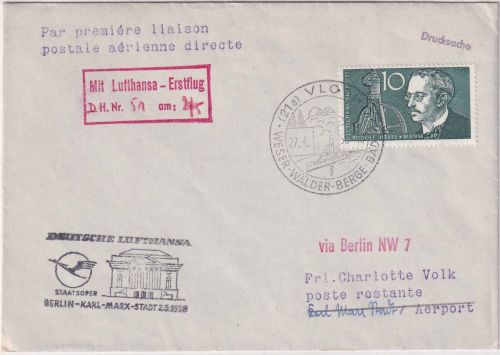 BRD - Vlotho 1958 Zuleitungspost DDR-Lufthansa Erstflug Berlin Karl-Marx-Stadt
