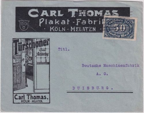 DR-Infla - 50 M. Queroval illustr. Firmenbrief Köln (Melaten) - Duisburg 1923