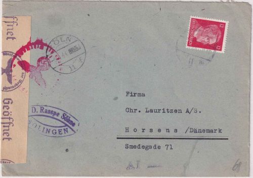 DR - 12 Pfg. AH Zensurbrief (Europatarif) n. DÄNEMARK Cöln 11 - Horsens 6.4.44