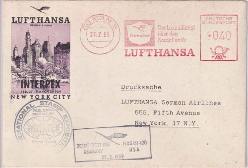 BRD - (22c) Köln 15 40 Pfg. AFS Lufthansa Luftpostdrucksache n. USA 1959