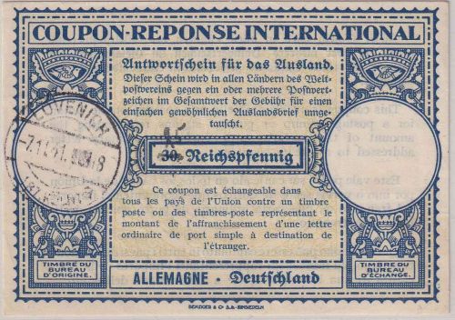 DR - 25/30 Pfg. (korrigierter Nennwert) IAS Int. Antwortschein Lövenich 1941