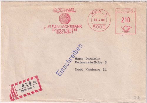 BRD - Köln 1980 210 Pfg. AFS Sogenal Eläss. Bank Einschreibebrief n. Hamburg