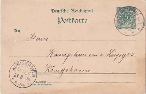 DR - Königshofen (Bz. Cöln) 24.8.99 KOS/Ank.stpl. 5 Pfg. K/A Ganzsache