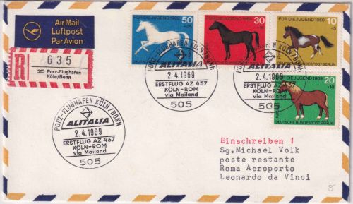 BRD - Porz-Flughafen 1969 Lupo-Einschreibebrief LH-Erstflug Köln-Rom