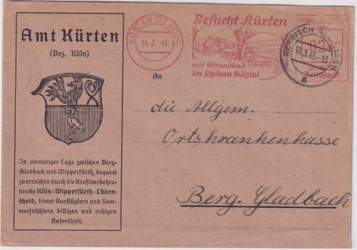 All.Bes. - Kürten (Bz. Köln) 1946 24 Pfg. AFS "Besucht Kürten" illustr. Brief