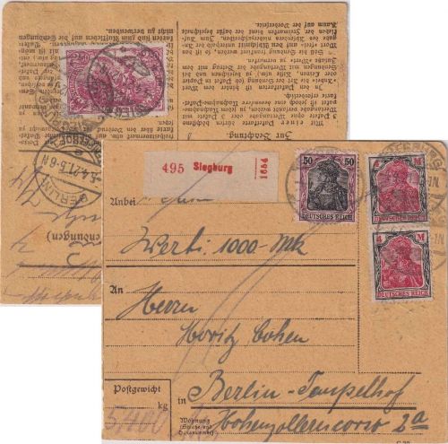 DR - 2x4 M. Germania u.a. Wertpaketkarte Siegburg - Berlin 4.4.21