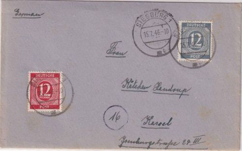 All.Bes. - 12+12 Pfg. Ziffer grau/rot Brief Siegburg - Kassel 1946