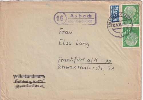 BRD - (16) Asbach ü. Darmstadt Landpost-Ra2 Brief n. Frankfurt a/M. 1954